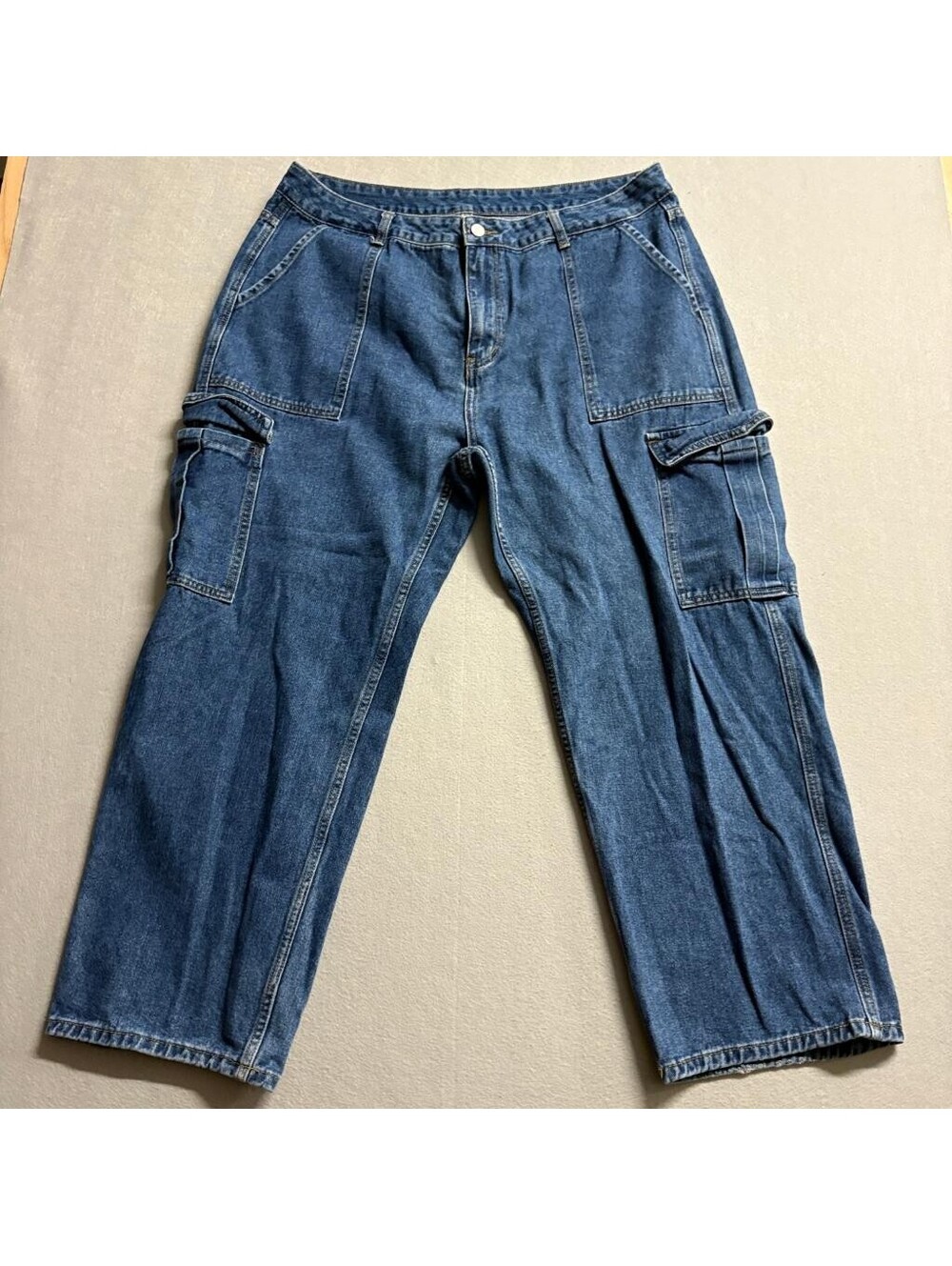 Shein Women Plus Size 3XL Cargo Jeans Blue Denim Wide Leg Utility Pockets